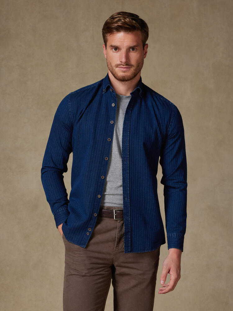 Finn indigo herringbone shirt - Buttoned down collar