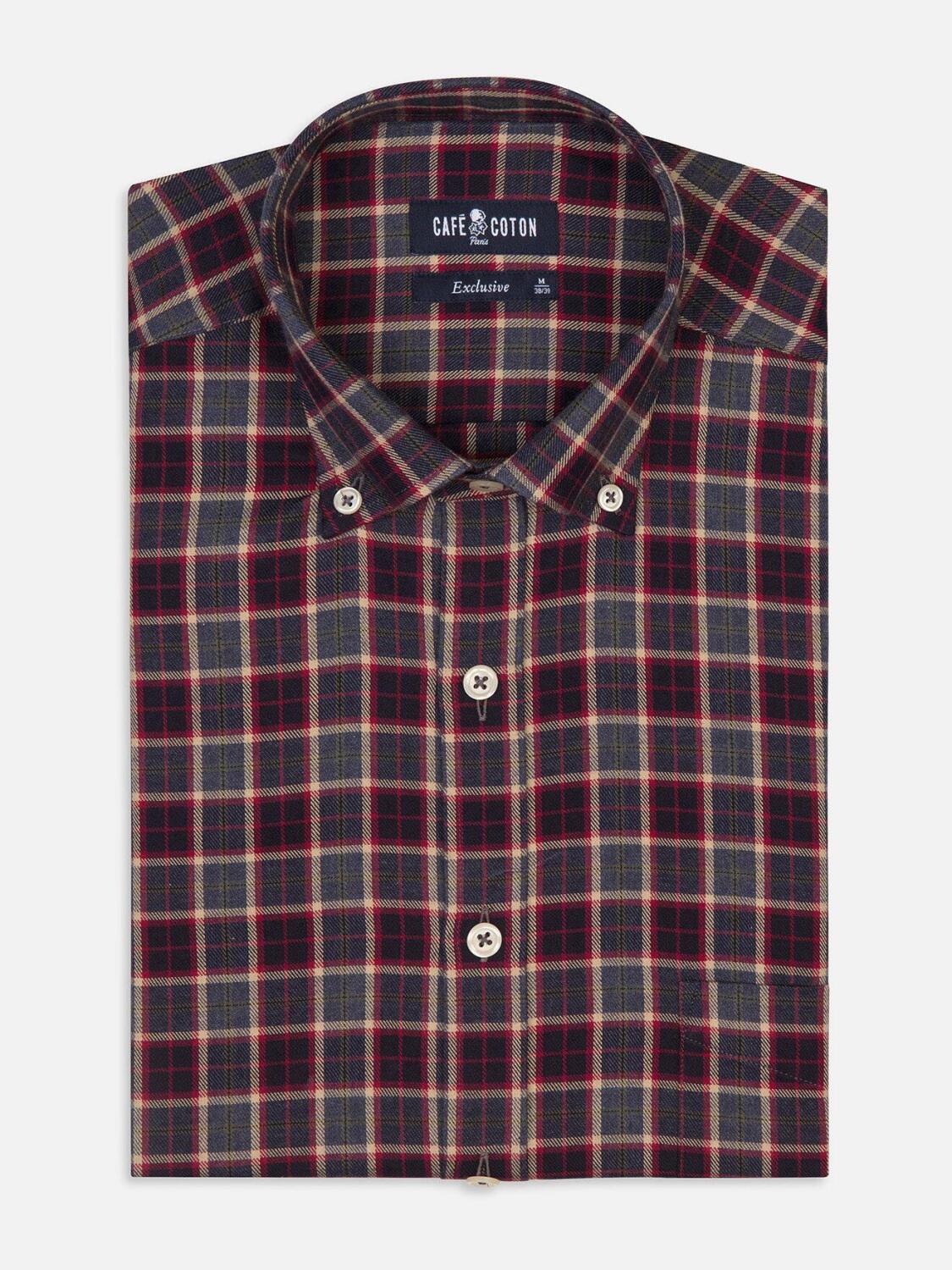 Chemise Gary en flanelle bleue &agrave; carreaux marine - Col Boutonn&eacute;