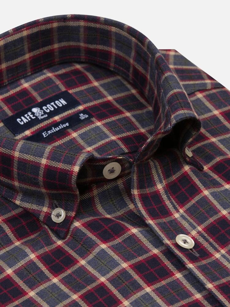 Gary blue flannel shirt with navy blue checks - Button-down collar