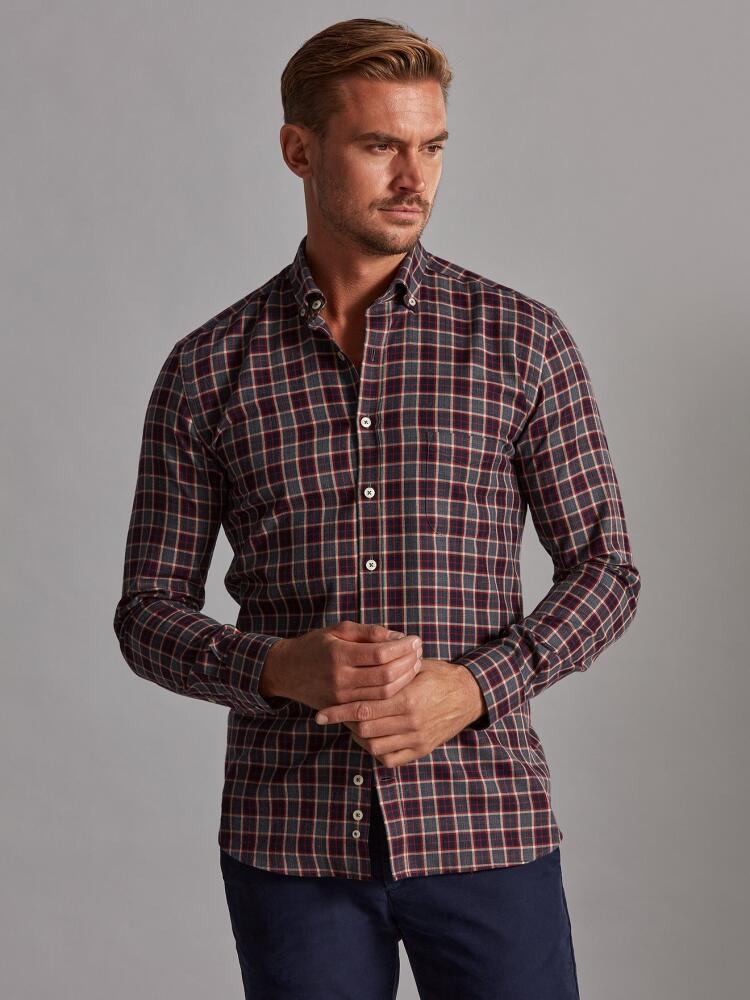 Gary blue flannel shirt with navy blue checks - Button-down collar