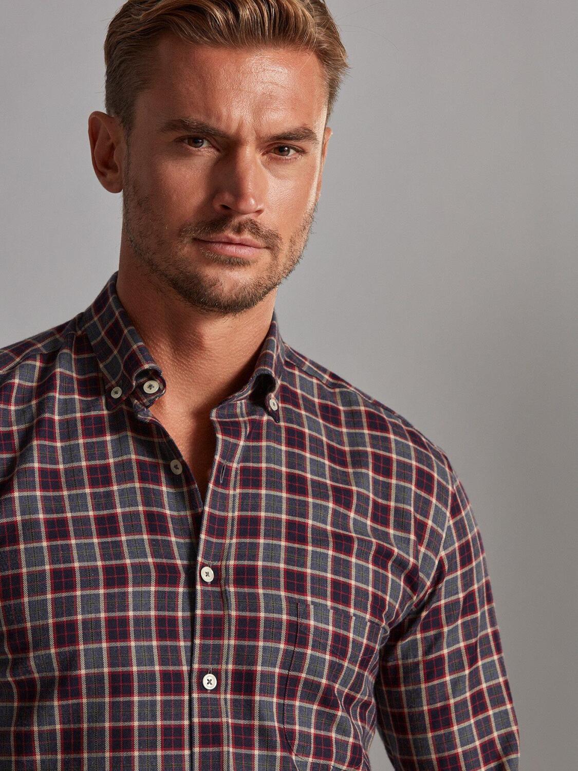 Chemise Gary en flanelle bleue &agrave; carreaux marine - Col Boutonn&eacute;