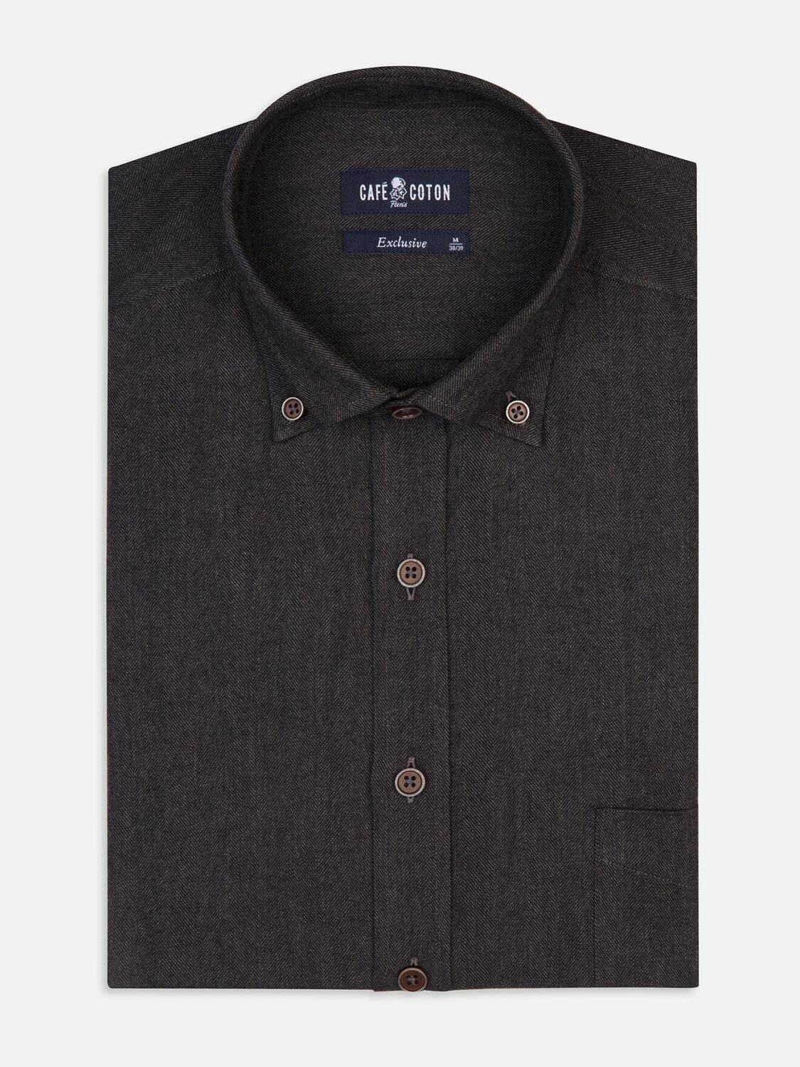 Hall anthracite flannel shirt - Button-down collar