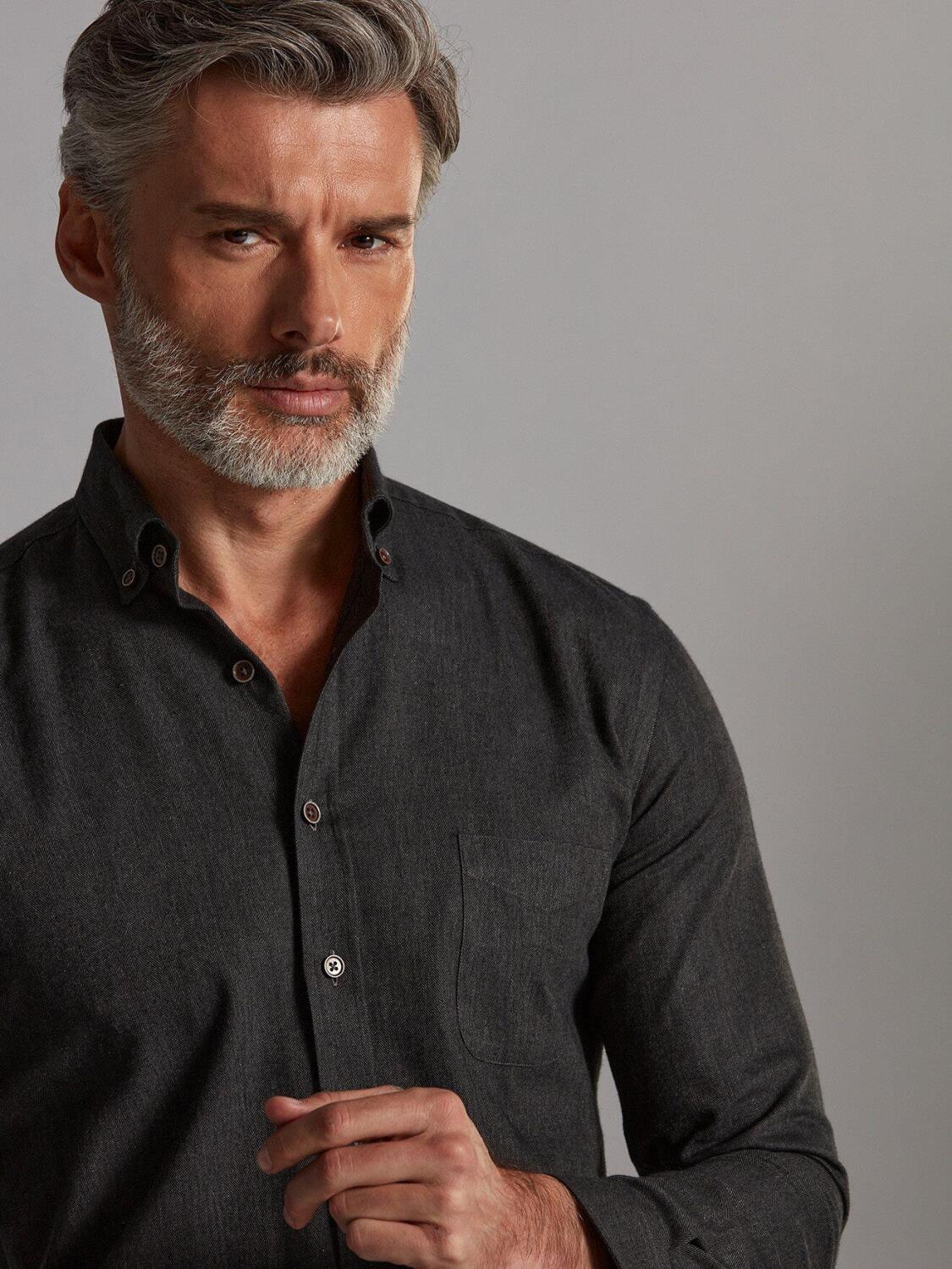 Hall anthracite flannel shirt - Button-down collar