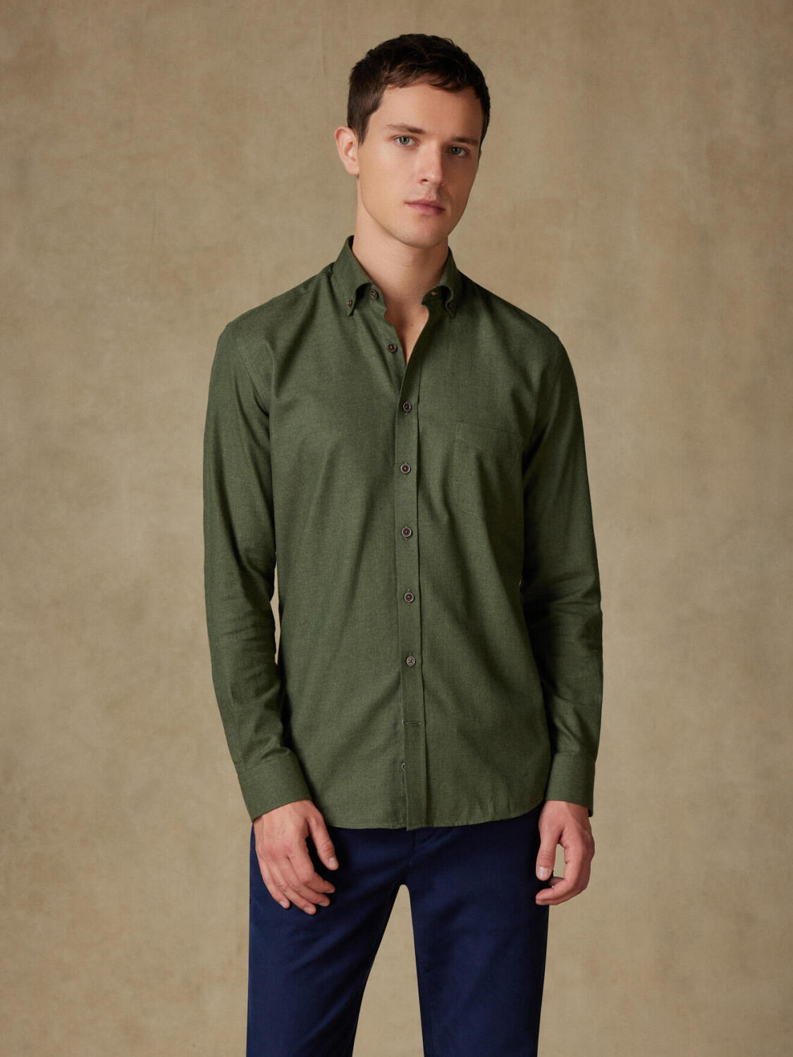 Camicia Hall in flanella cachi - Colletto abbottonato