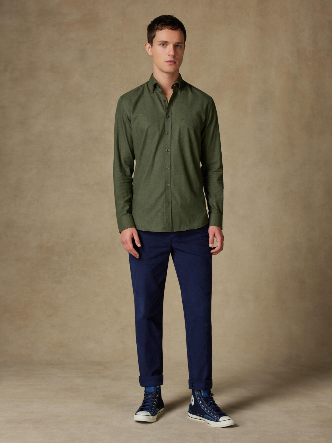 Camicia Hall in flanella cachi - Colletto abbottonato