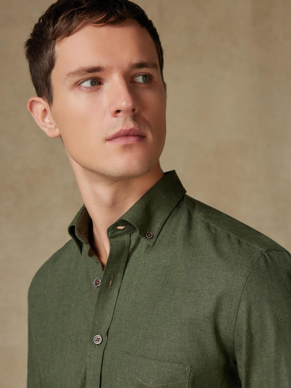 Camicia Hall in flanella cachi - Colletto abbottonato