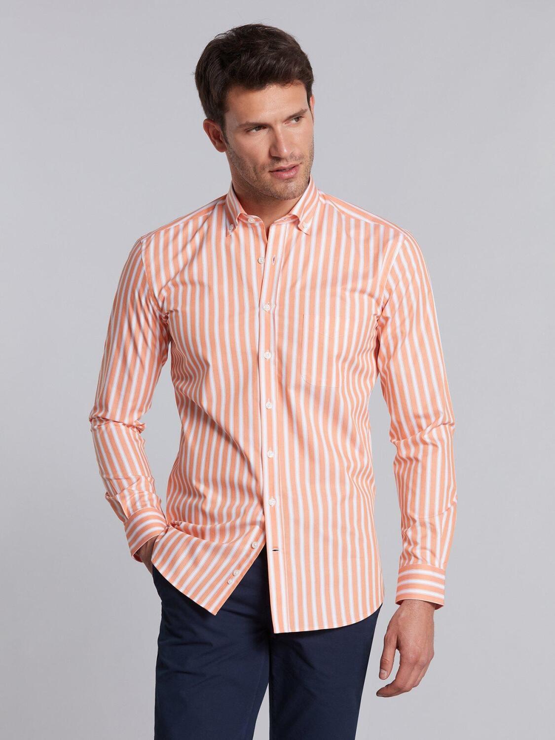 Orange and white stripes twill shirt  - Button down collar