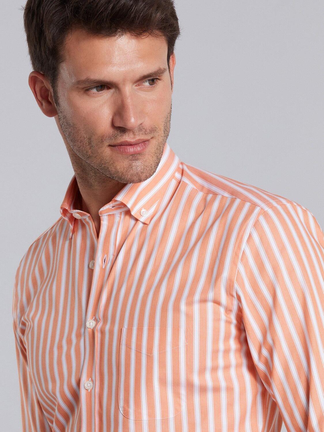 Orange and white stripes twill shirt  - Button down collar