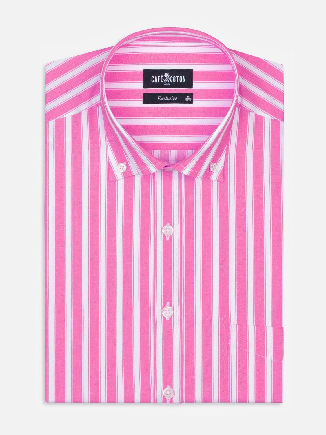 Pink and white stripes twill shirt  - Button down collar