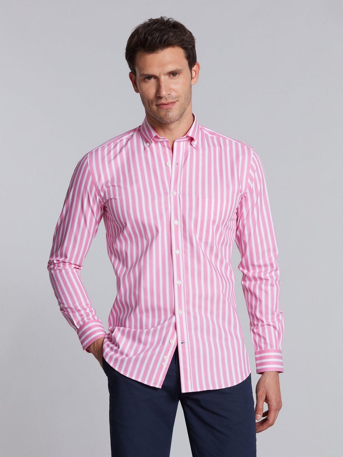 Pink and white stripes twill shirt  - Button down collar
