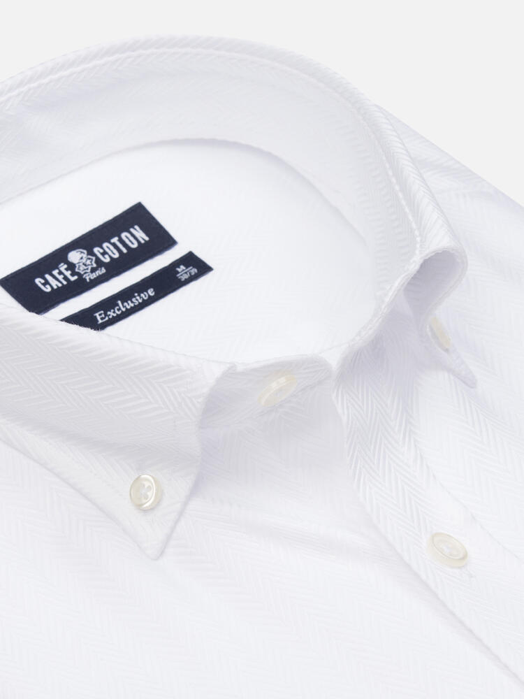 White Herringbone Shirt  - Button down collar