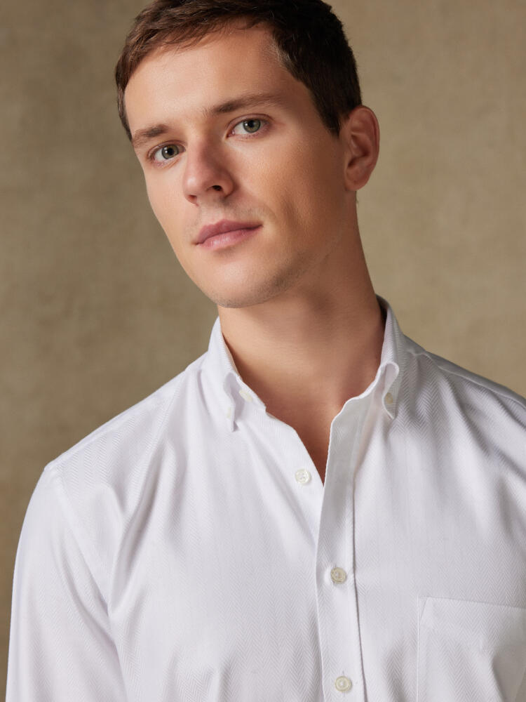 White Herringbone Shirt  - Button down collar