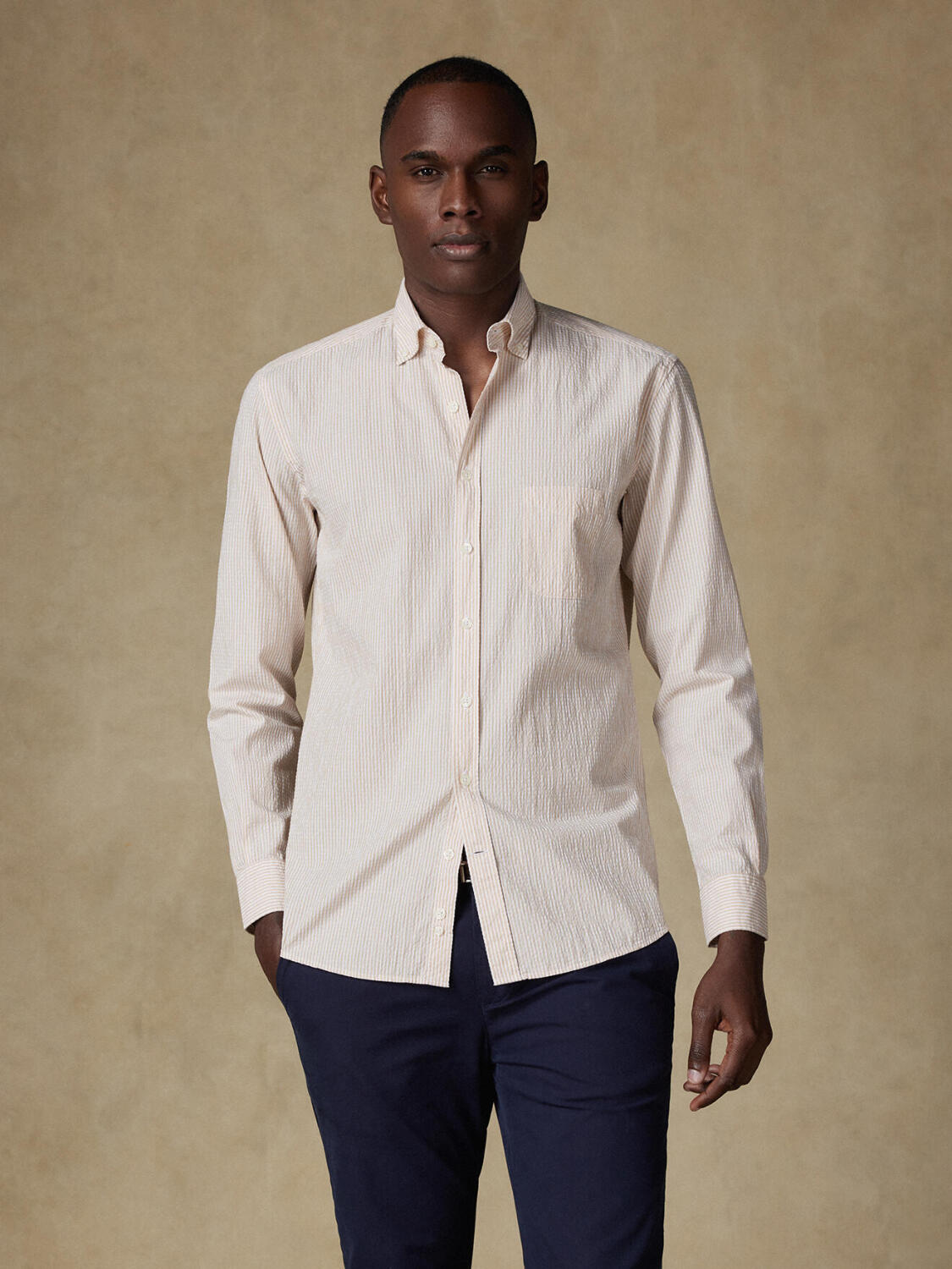 Camicia Hugh in seersucker crema - Con buttoncini