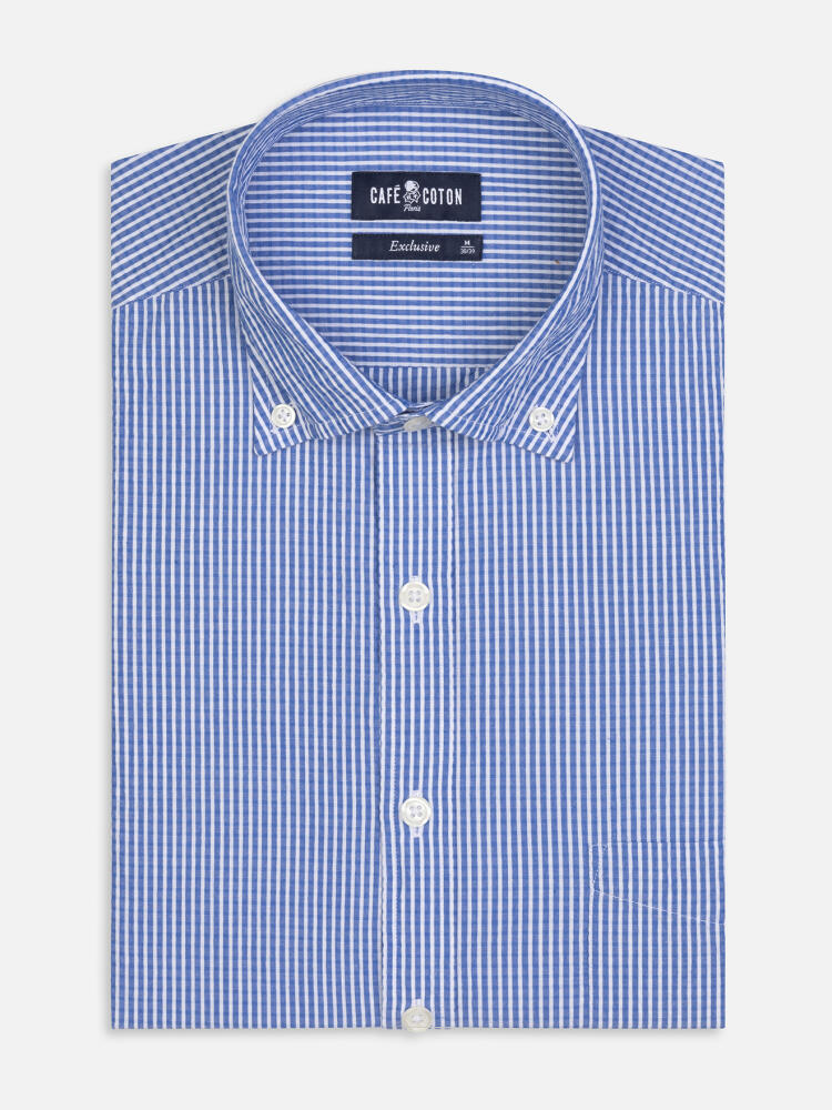 Hemd Hugh aus Seersucker in Blau - Button down kragen