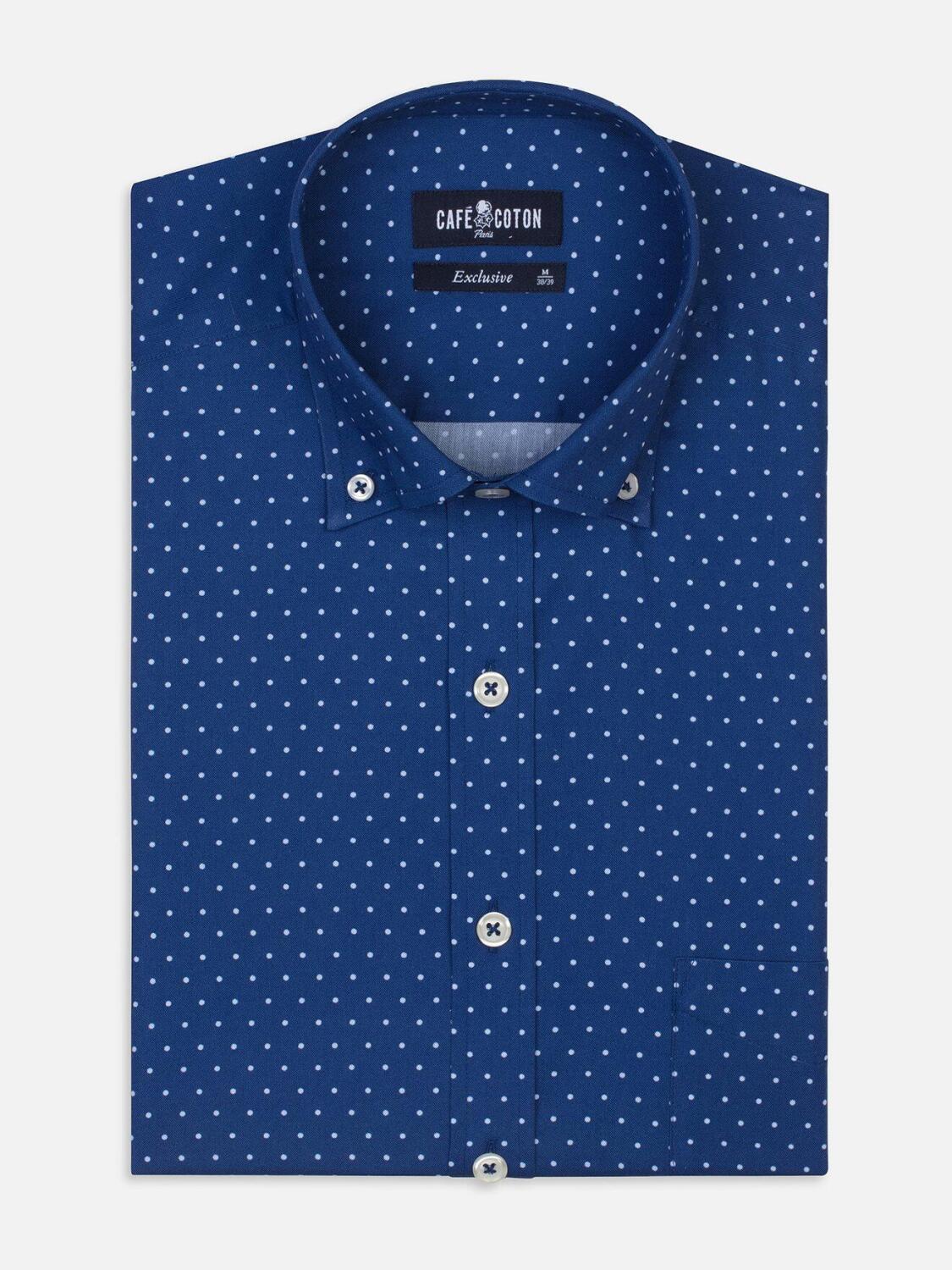 Blue spotted white popelin shirt - Button down collar