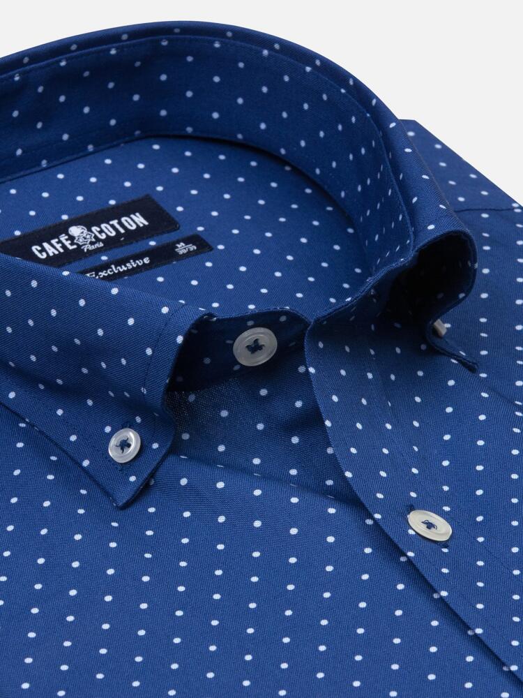 Chemise Hugo bleue à pois  - Col Boutonné