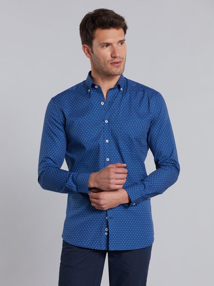 Chemise Hugo bleue à pois  - Col Boutonné