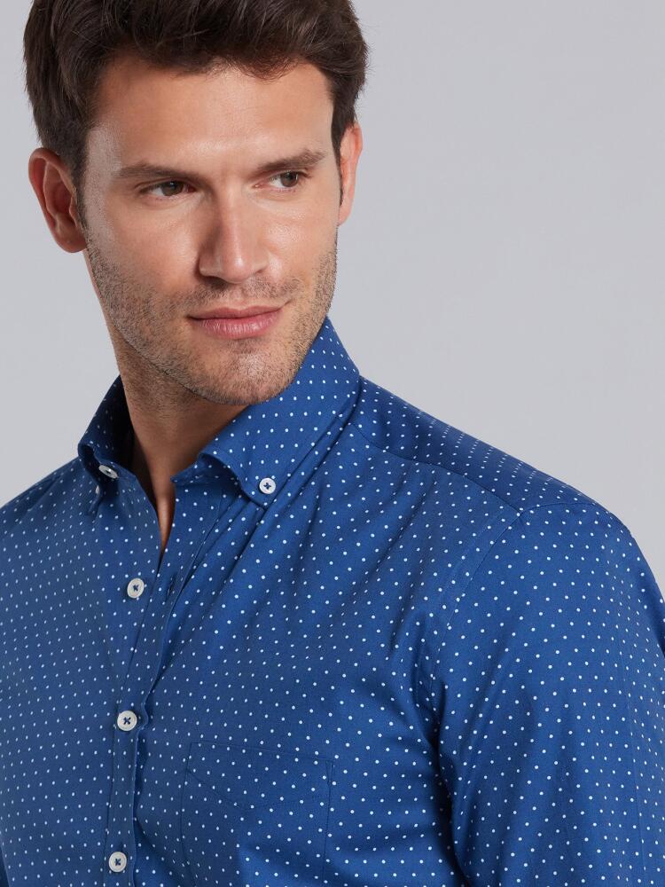 Chemise Hugo bleue à pois  - Col Boutonné