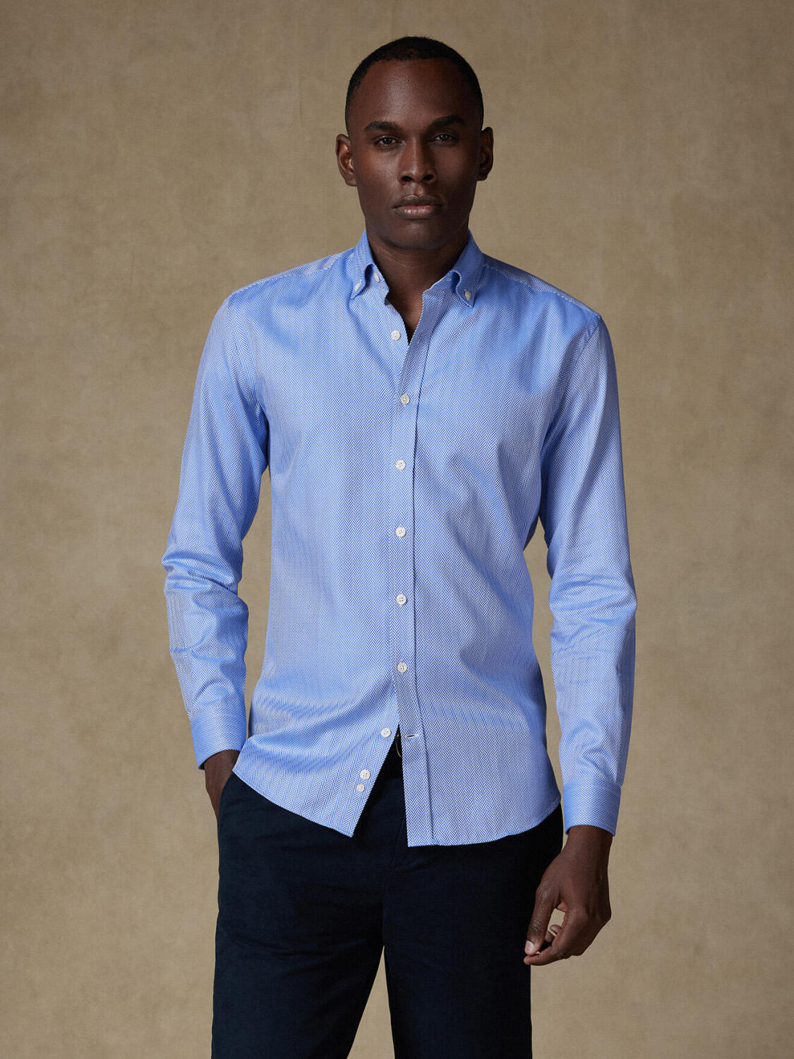 Jager blauw visgraat overhemd - Button down Kraag