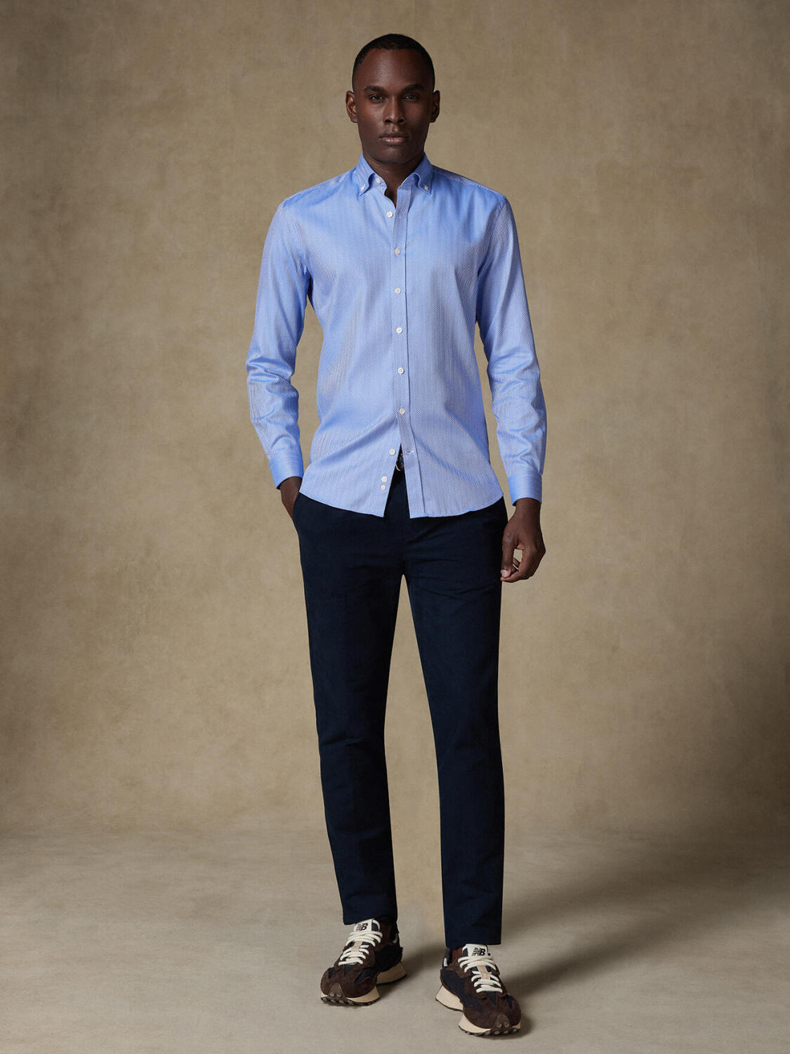 Jager blauw visgraat overhemd - Button down Kraag