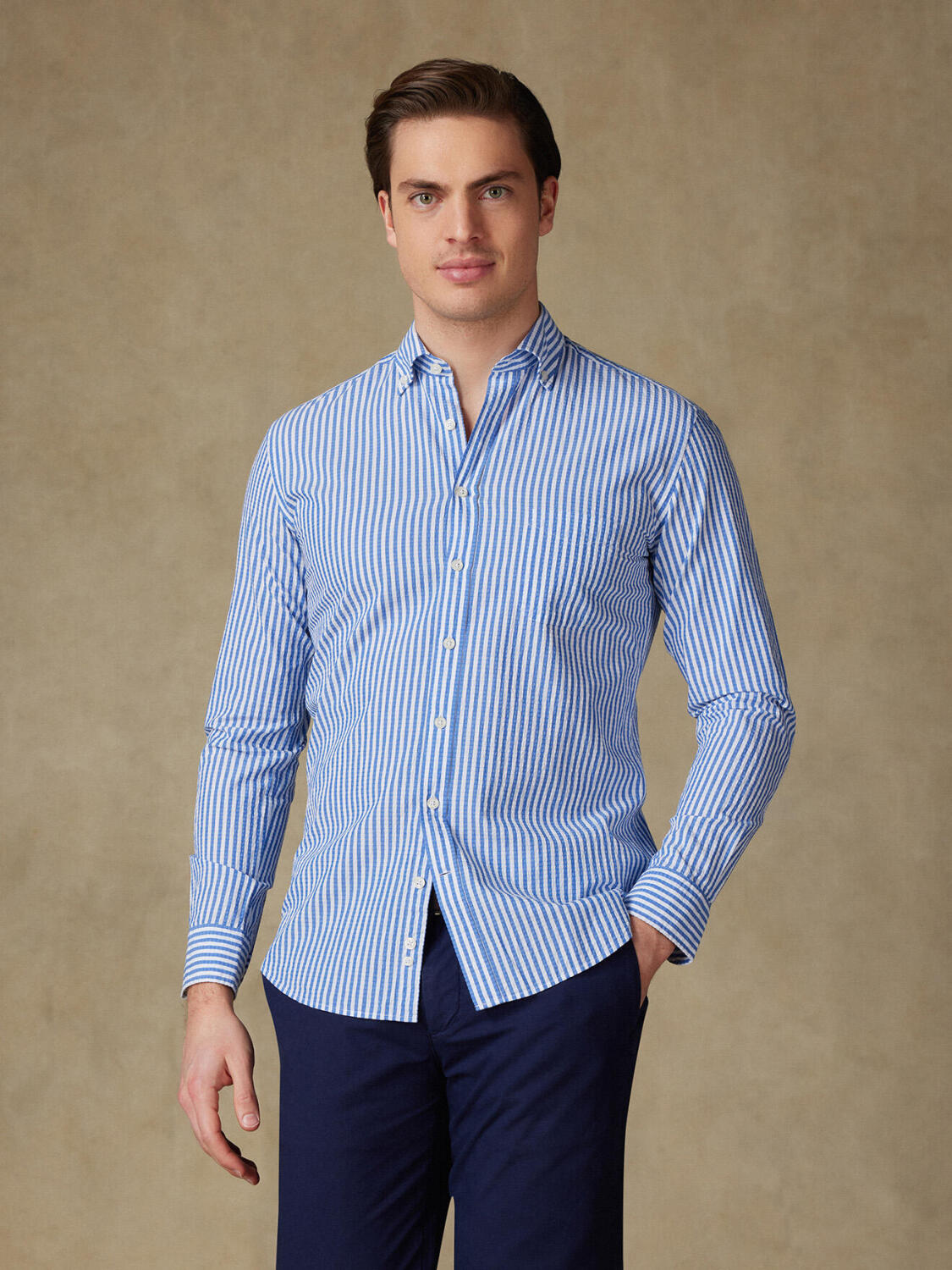 Camicia Ian in seersucker blu - Con buttoncini