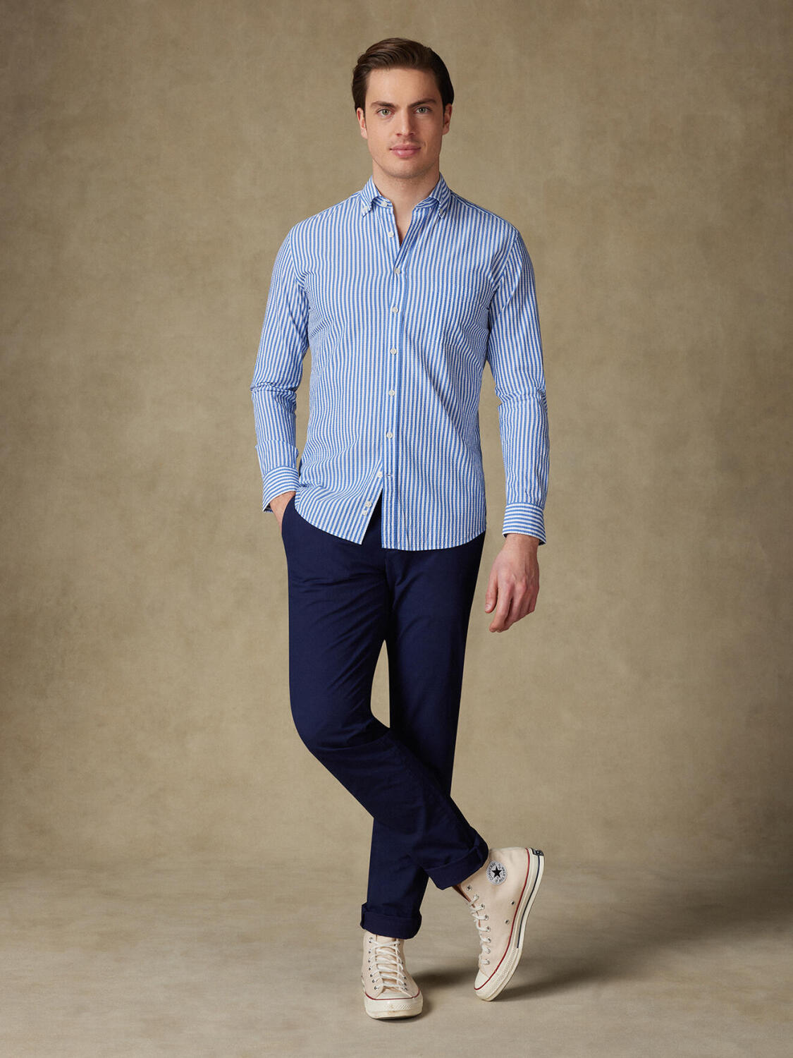 Camicia Ian in seersucker blu - Con buttoncini