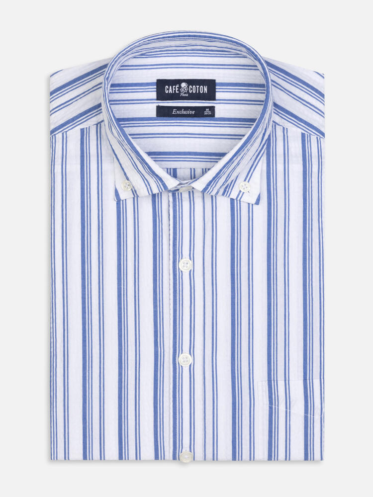 Chemise Ivor en seersucker bleu- Col Boutonné