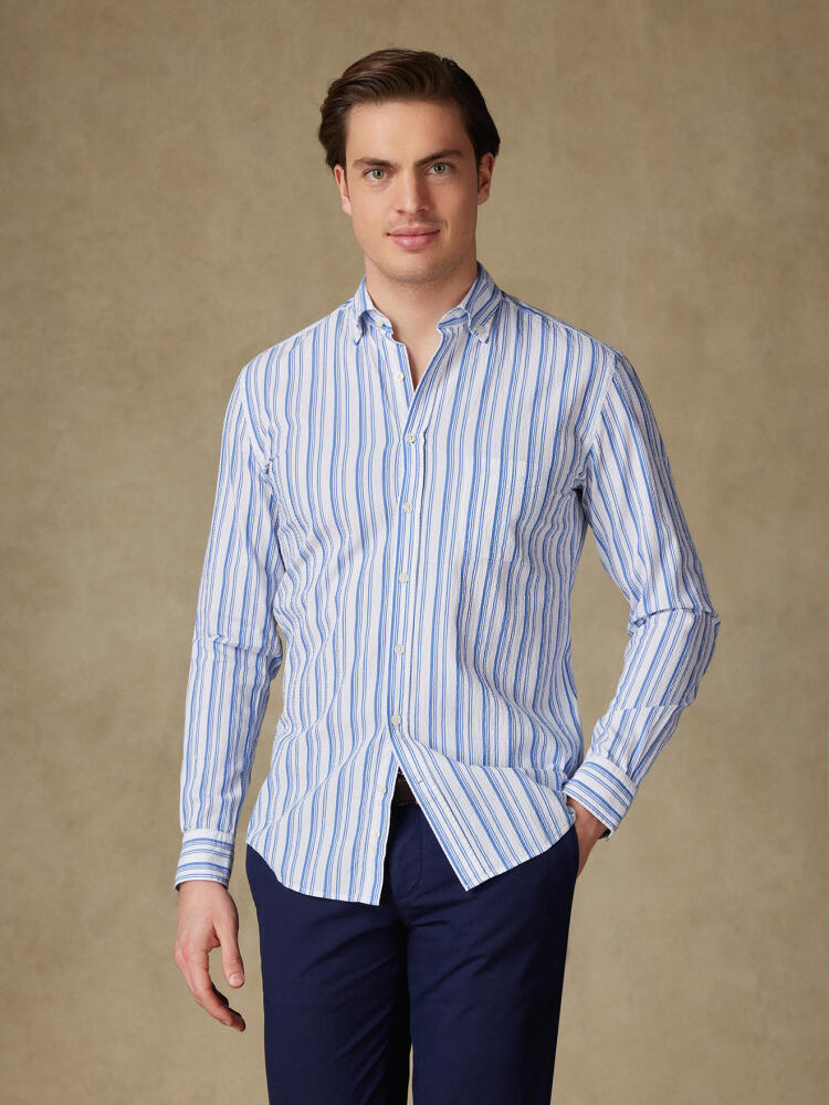 Chemise Ivor en seersucker bleu- Col Boutonné