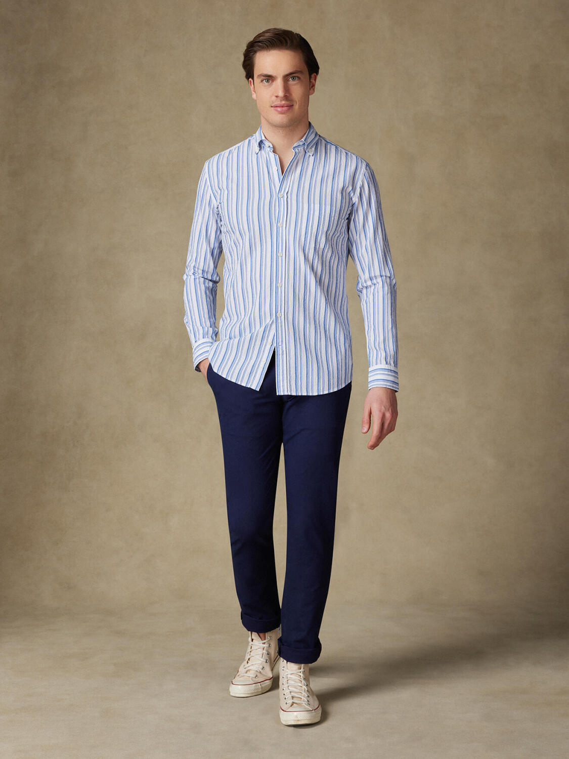 Broek Ivor en blauwe seersucker  - Button-down kraag