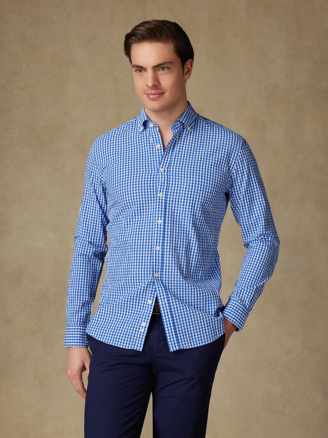 Camisa Jaiden en seersucker azul - Con buttoncini