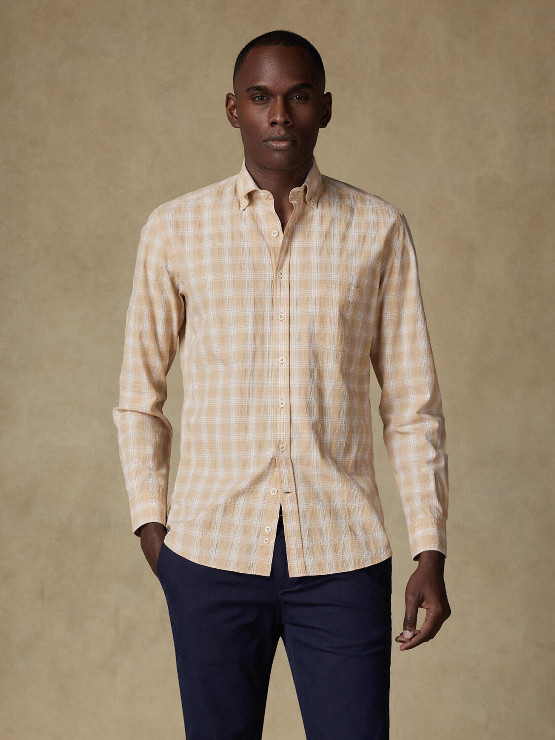 Chemise Jason en seersucker sable- Col Boutonné