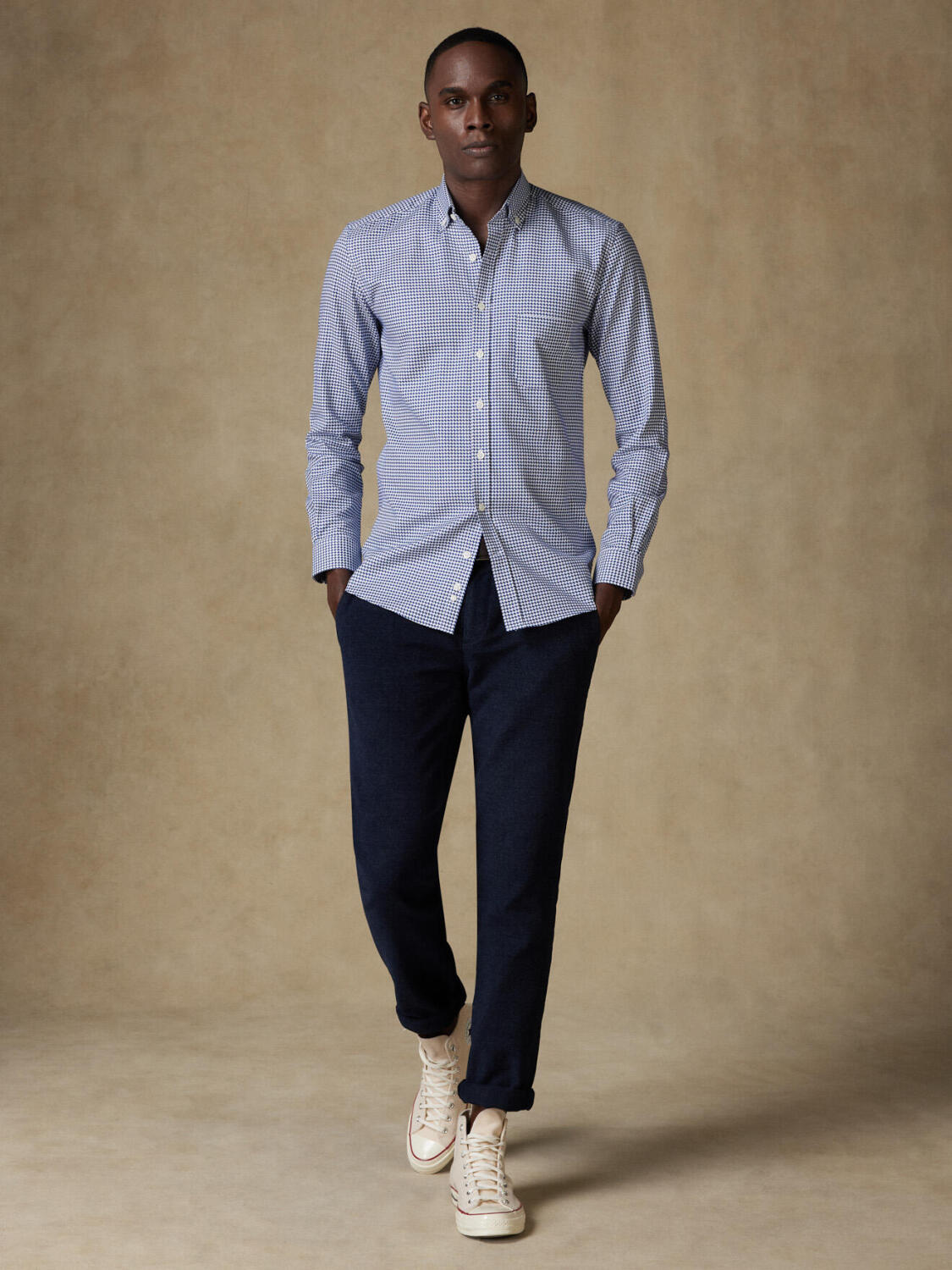 Chemise Leelan texturée marine  - Col Boutonné