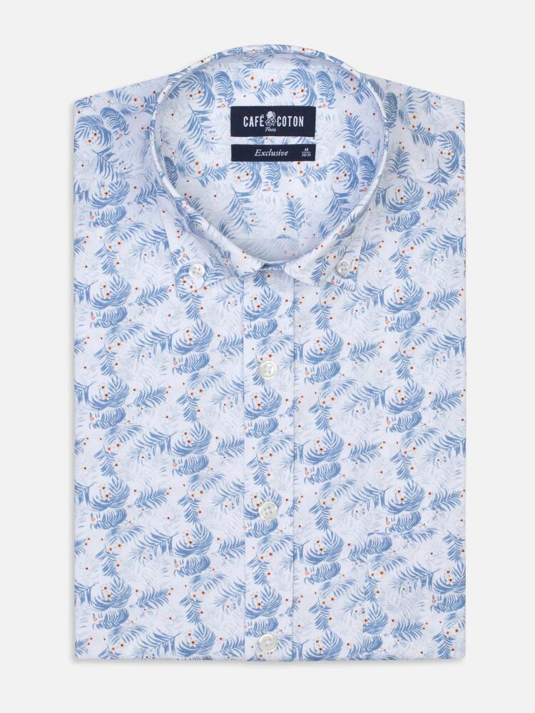 White tropical floral blue sky printed poplin shirt - Button down collar