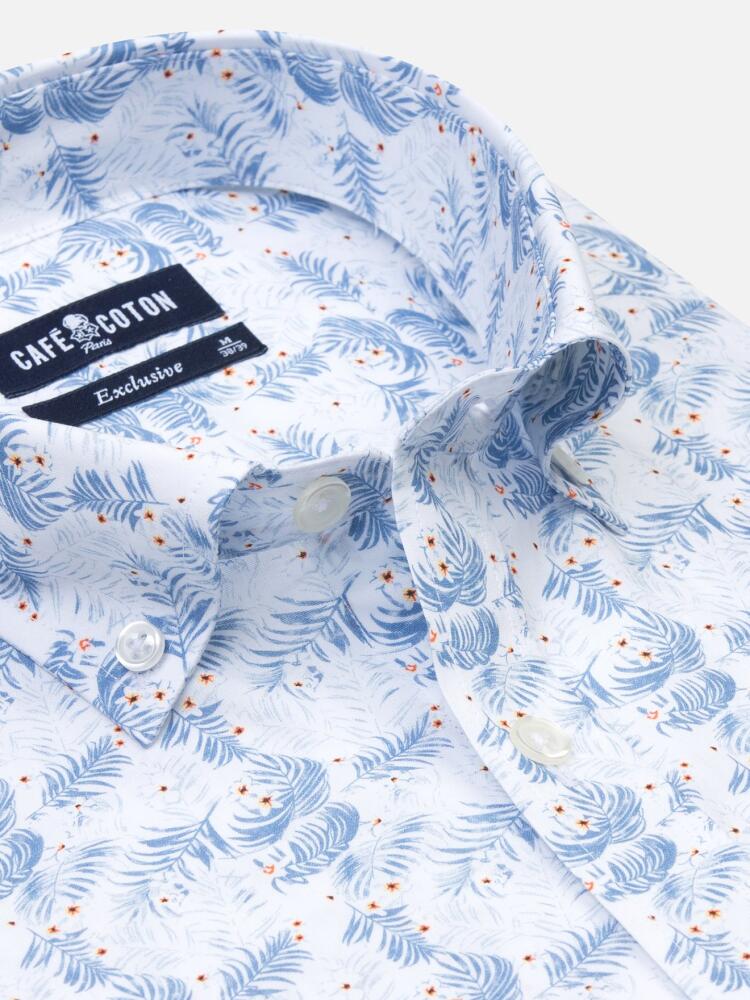 White tropical floral blue sky printed poplin shirt - Button down collar