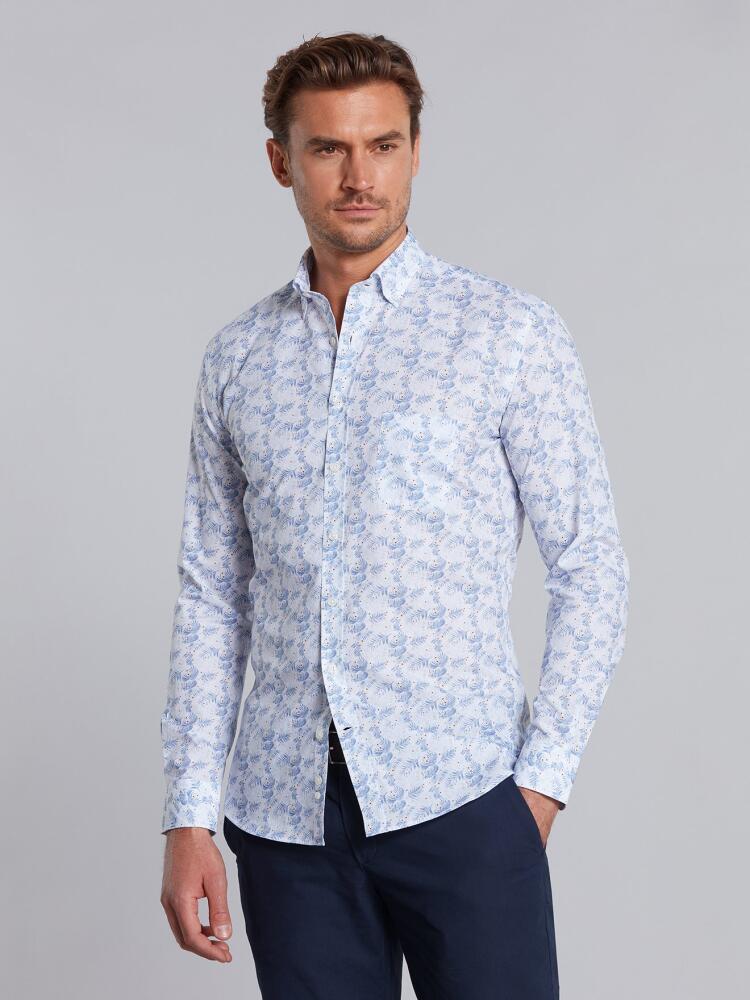 White tropical floral blue sky printed poplin shirt - Button down collar