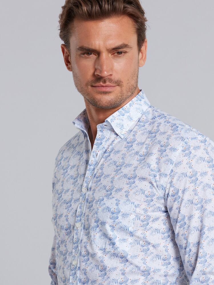 White tropical floral blue sky printed poplin shirt - Button down collar