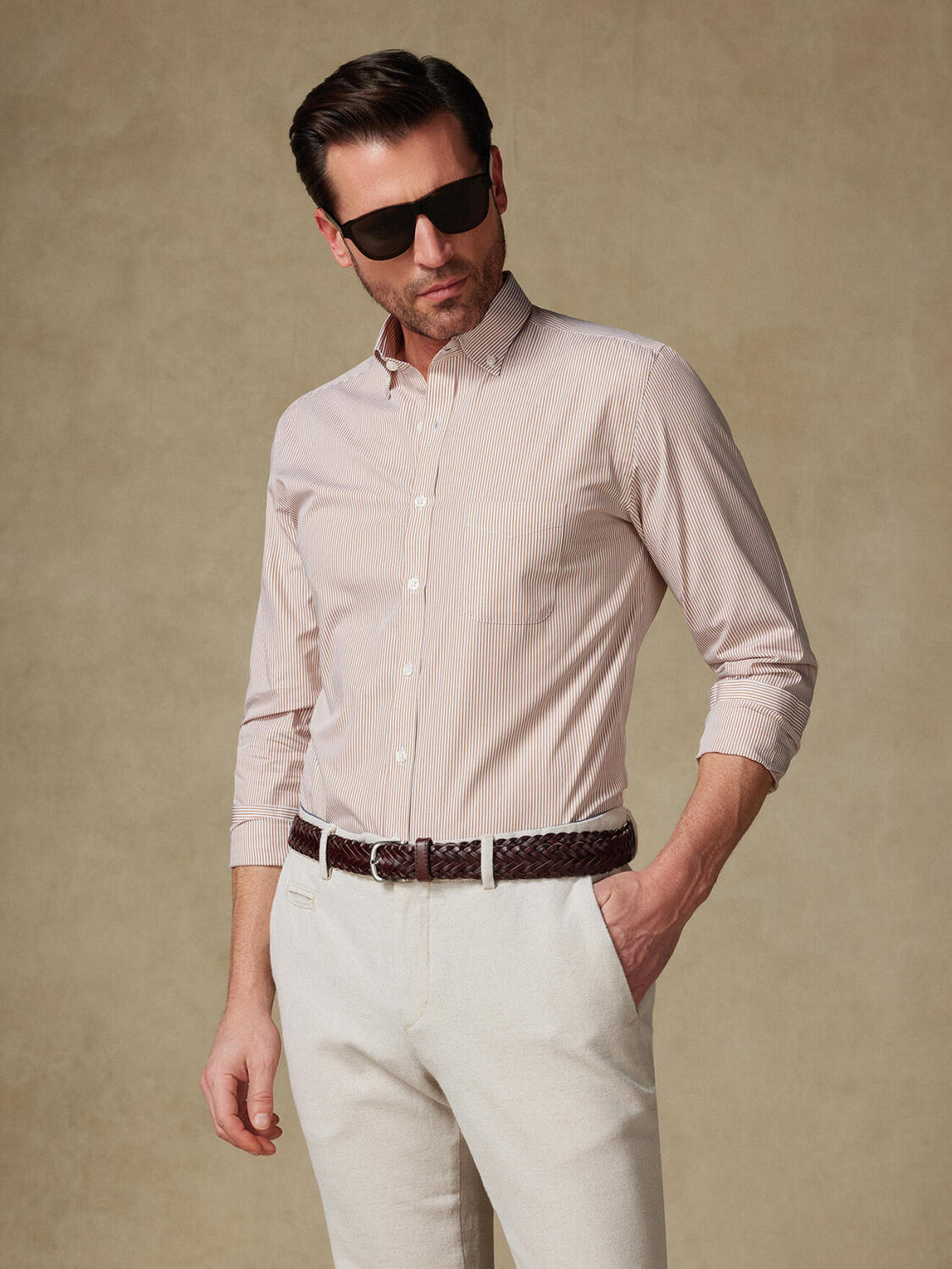 Chemise Menthon à rayures havane - Col boutonné