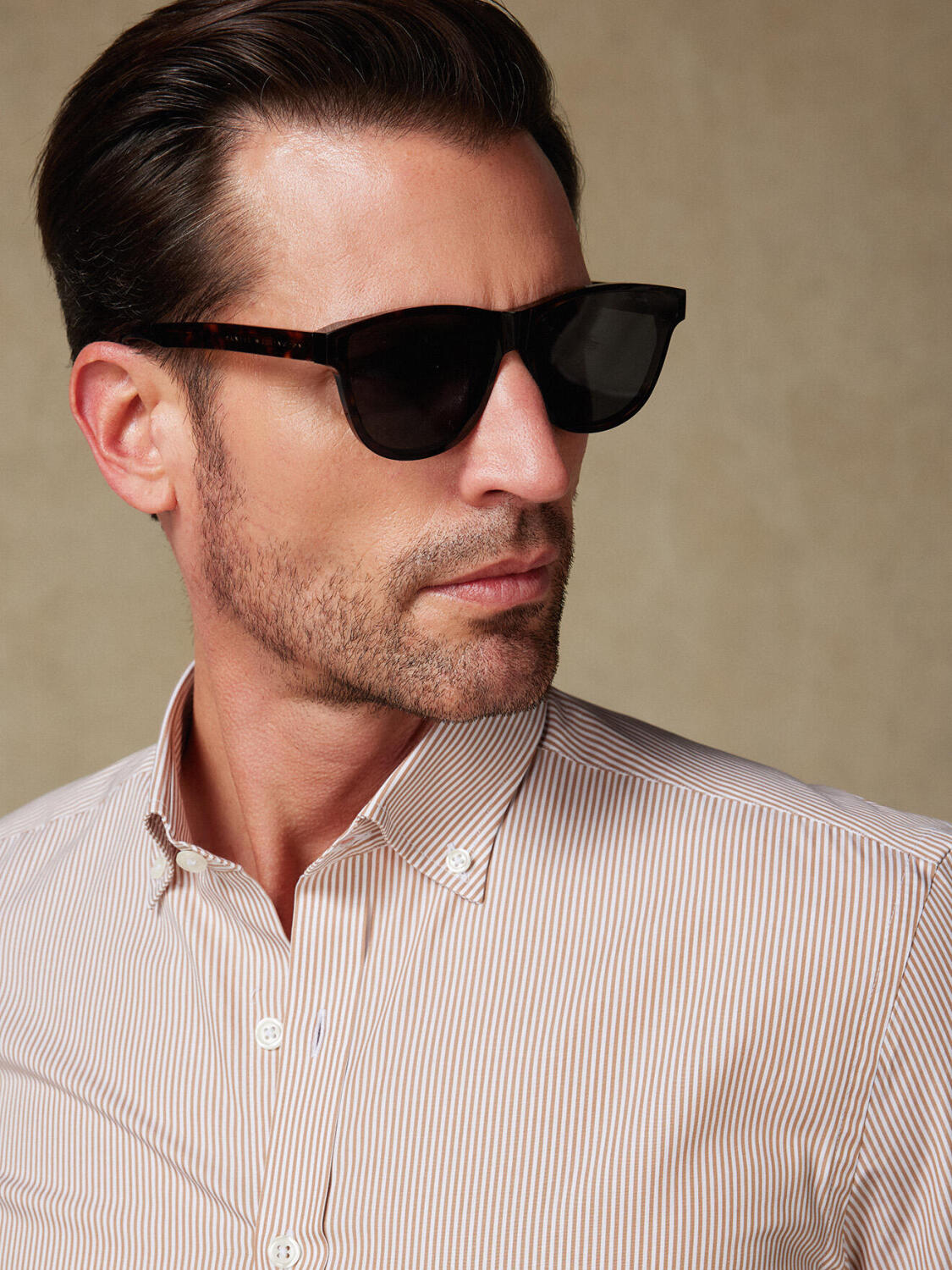 Chemise Menthon à rayures havane - Col boutonné