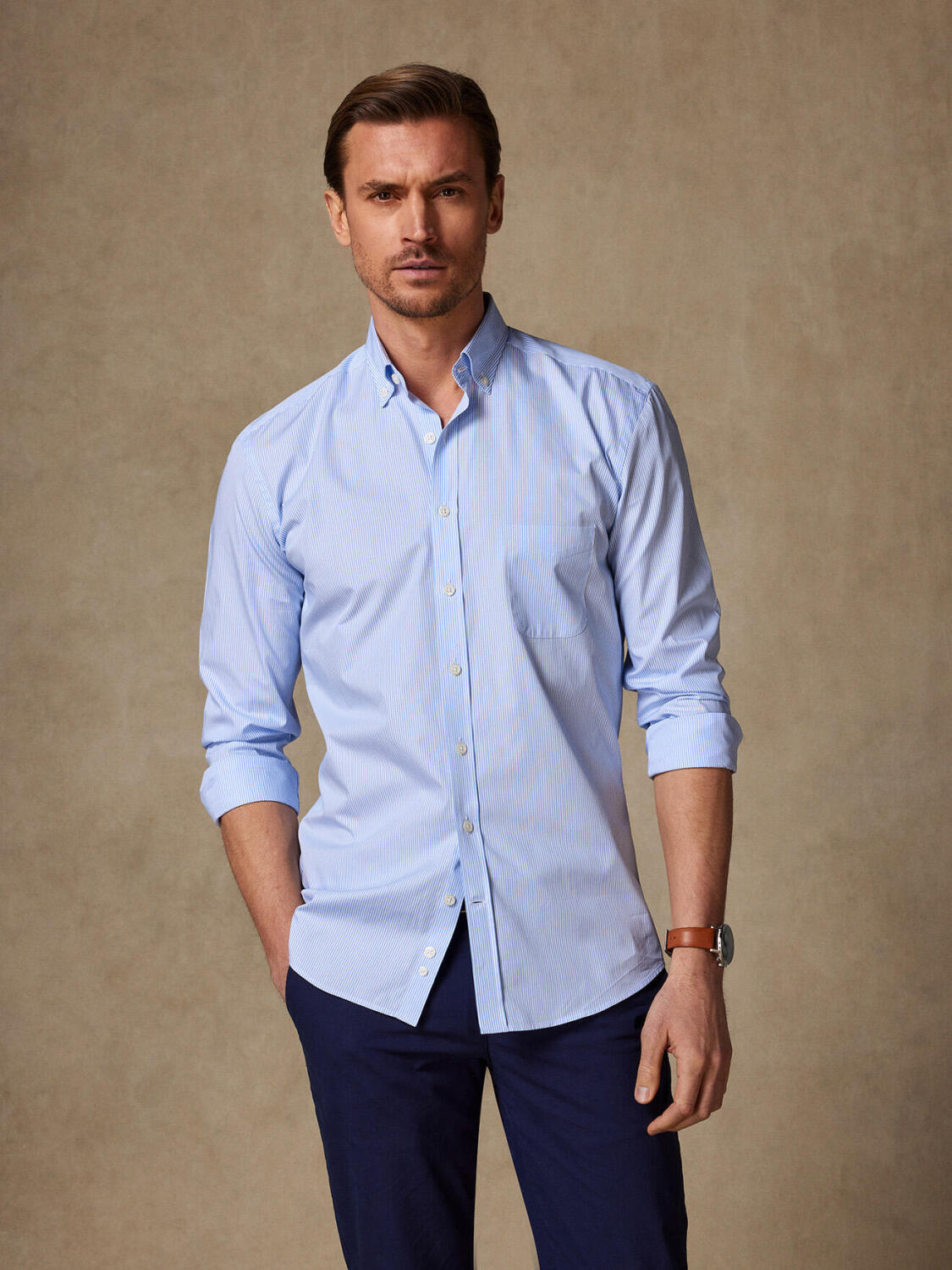 Chemise Menthon à rayures ciel - Col Boutonné