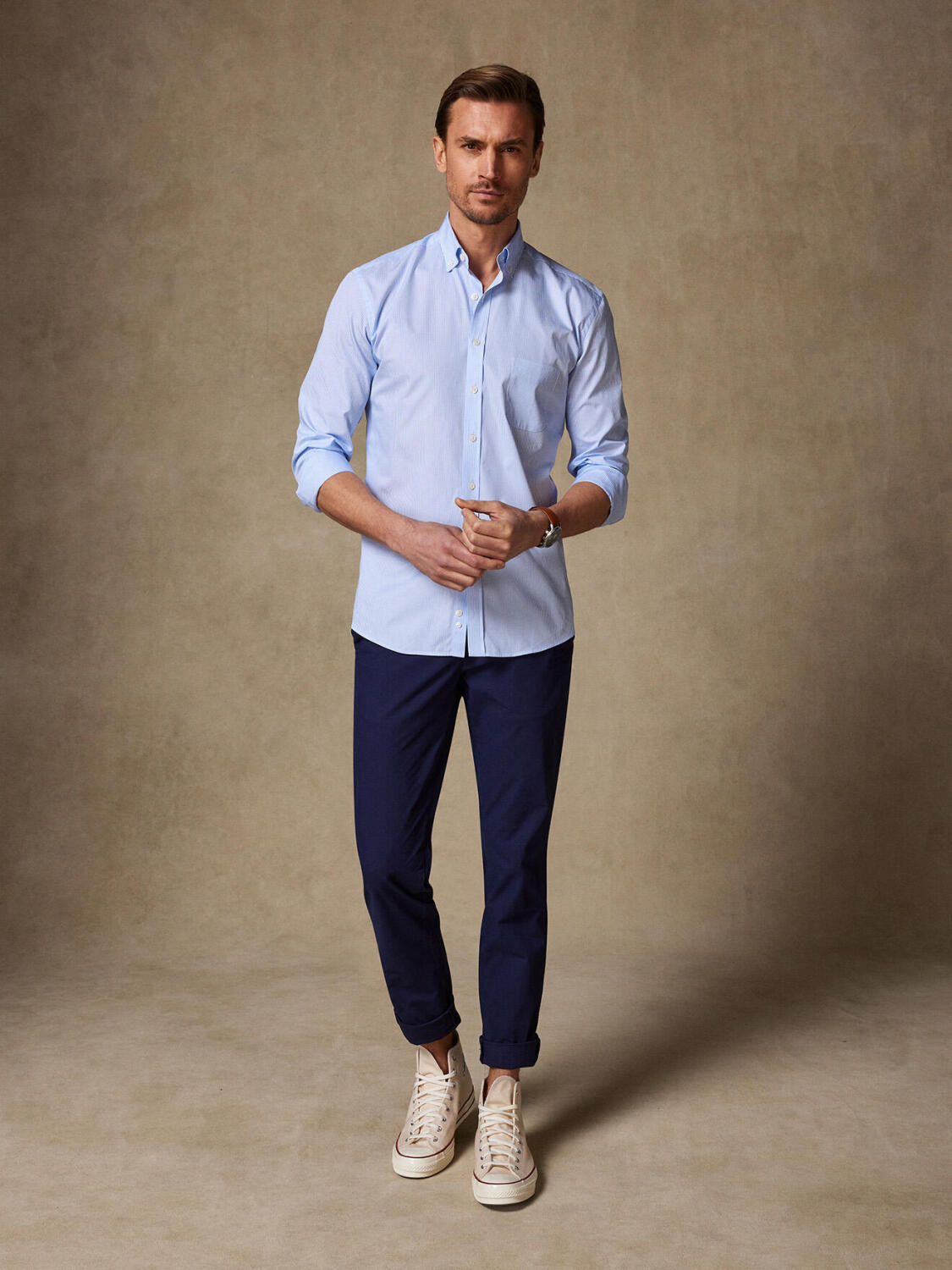 Chemise Menthon à rayures ciel - Col Boutonné