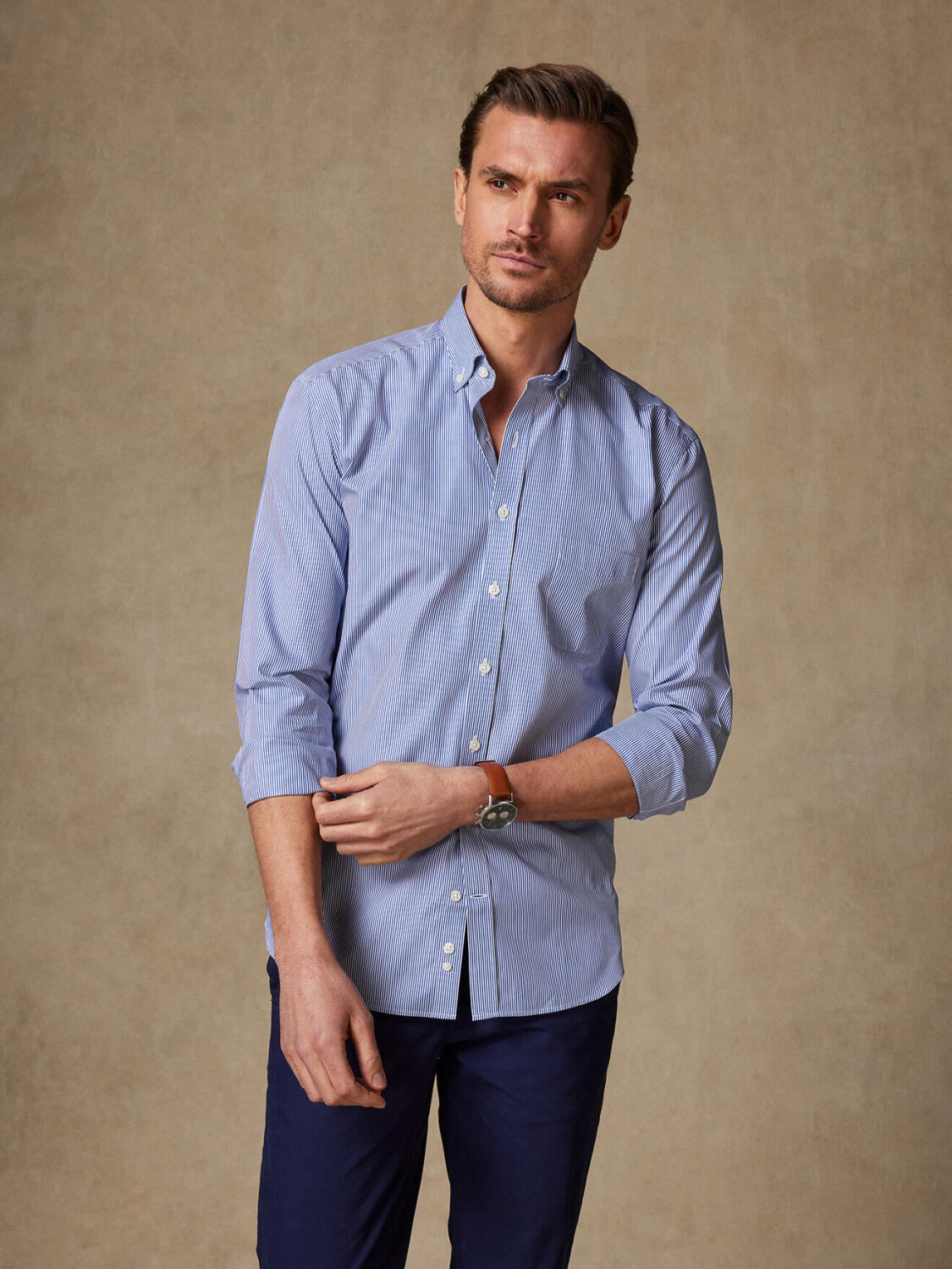 Menthon marine streep overhemd - Button-down kraag