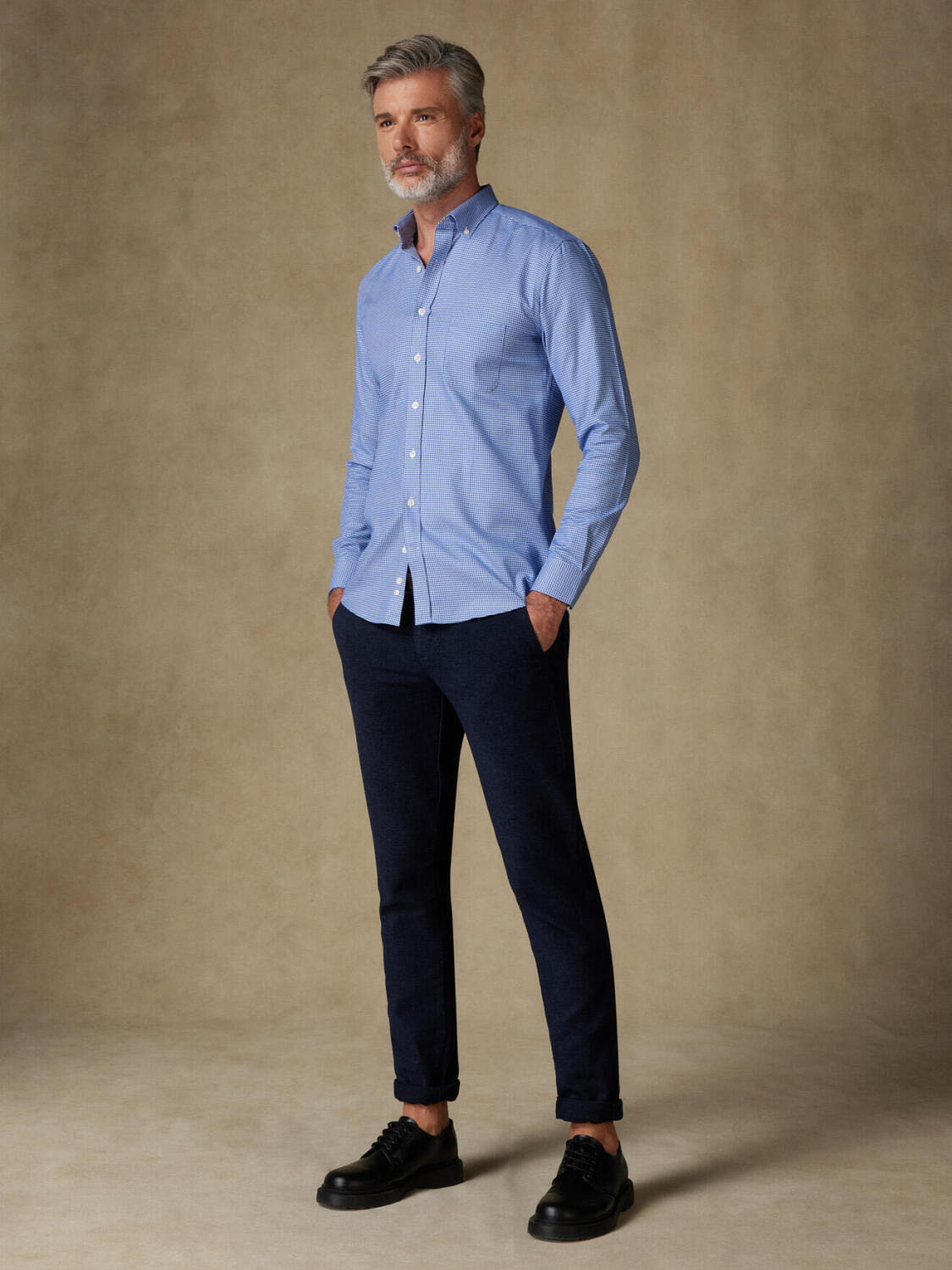 Morris-Hemd aus blauem Twill  - Buttondown Kragen