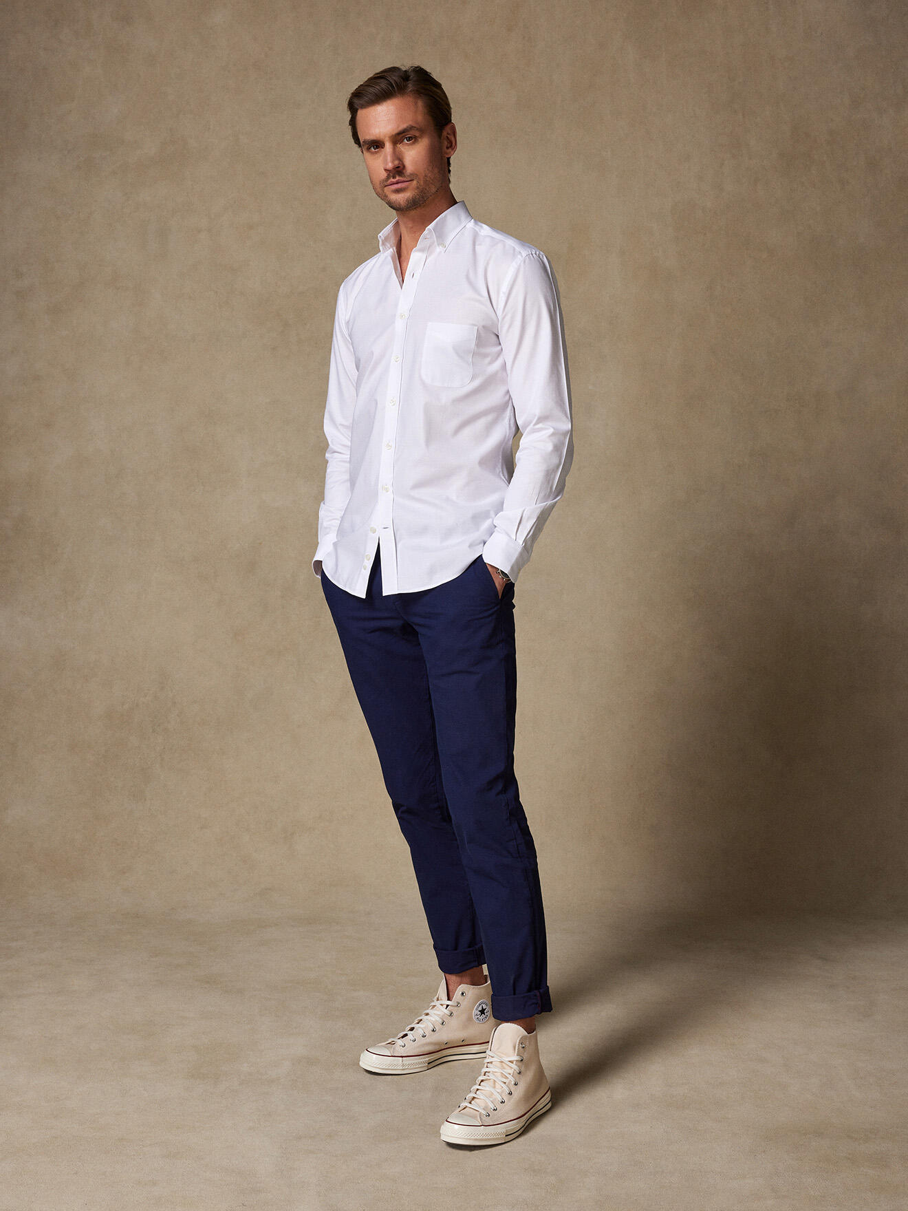 Camicia Oxford Uomo Maniche Lunghe - Colletto Button Down Con Tasca - Modello Inglese Tapered Fit - Janeo British Apparel - Bianco Liscio (M)