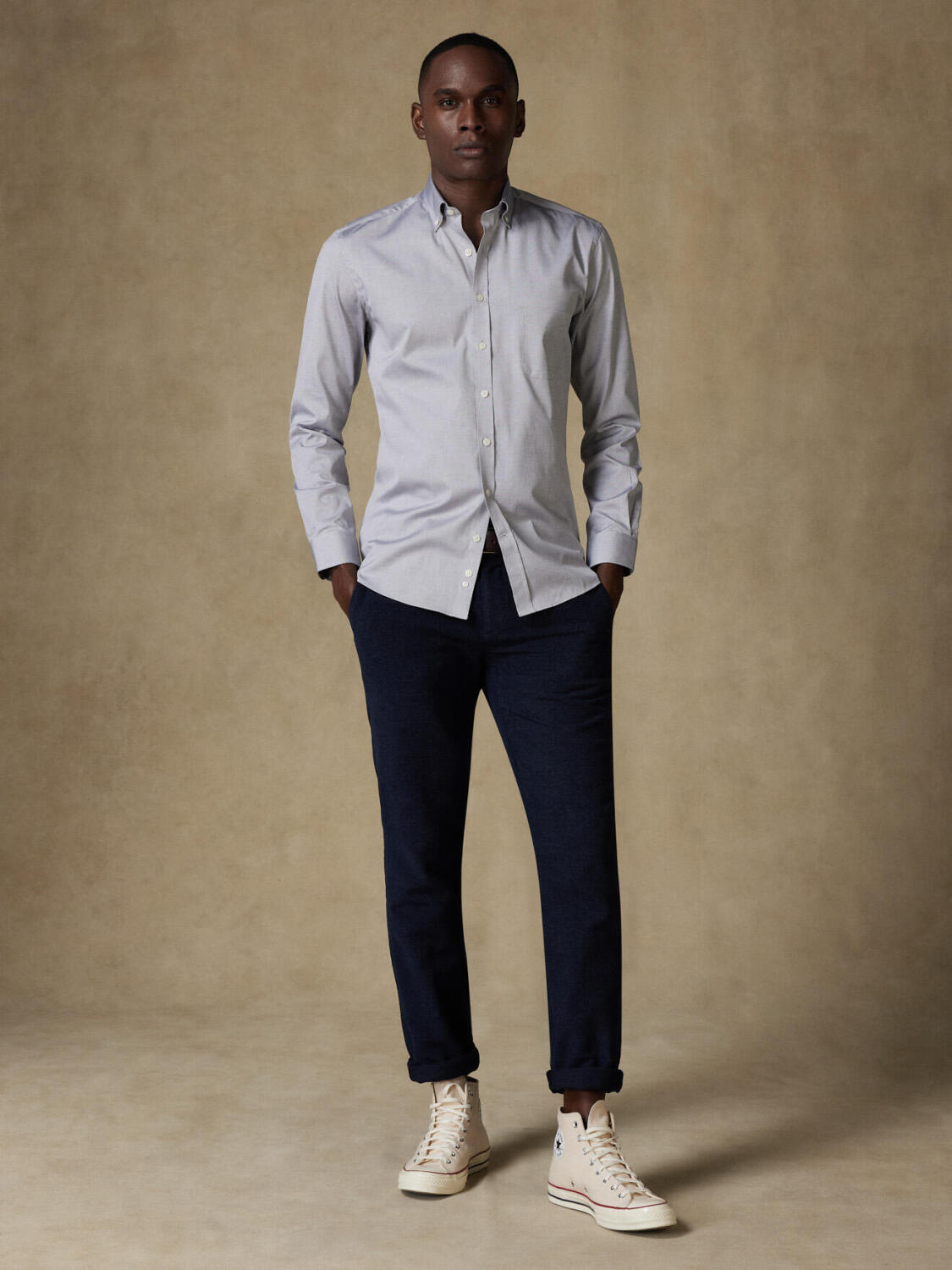 Chemise en pin point gris  - Col Boutonné