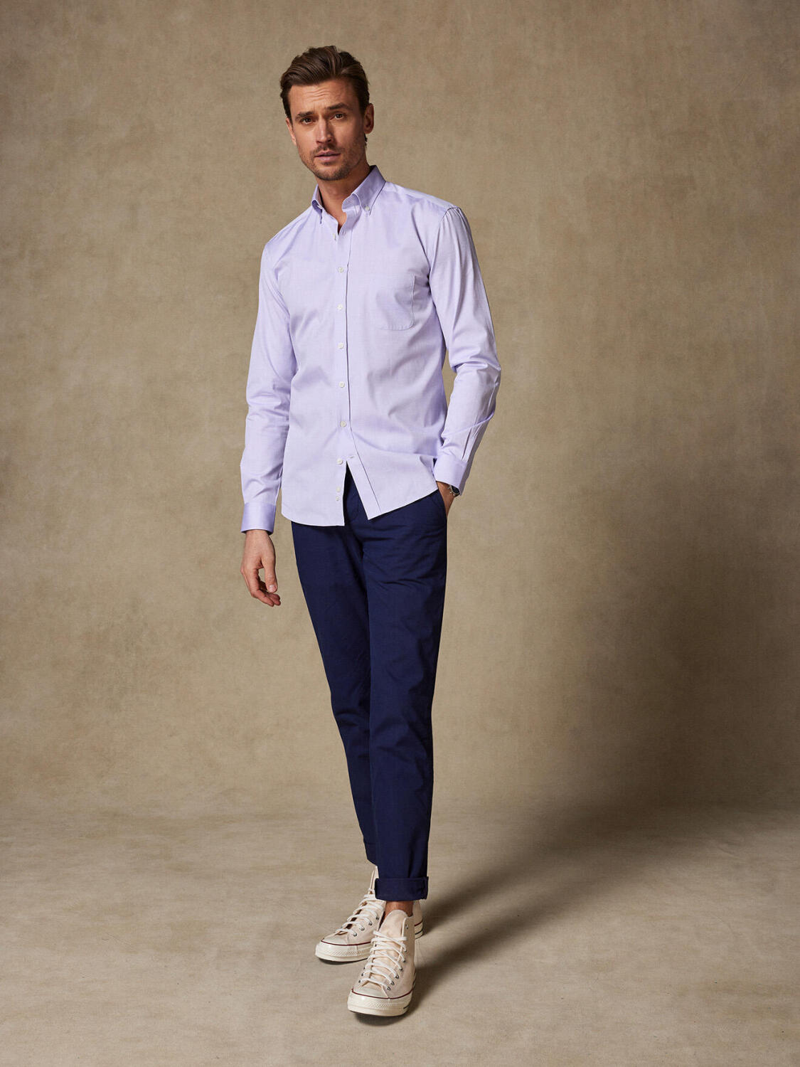 Chemise en pin point parme - Col Boutonné