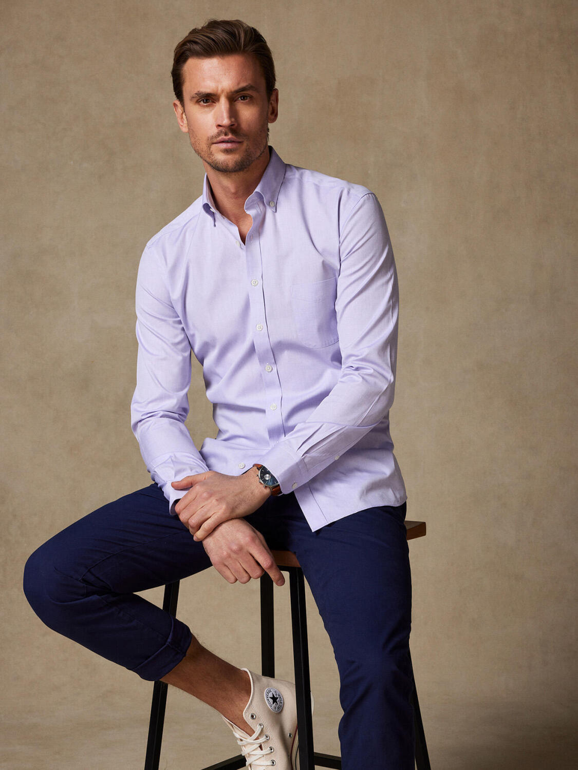 Chemise en pin point parme - Col Boutonné