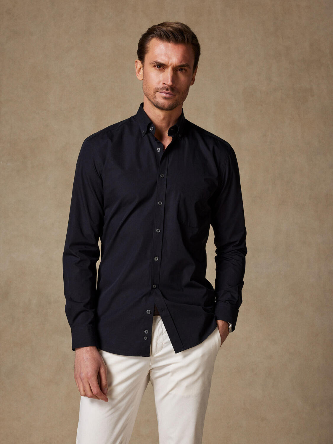 Zwart popeline overhemd - Button-down kraag