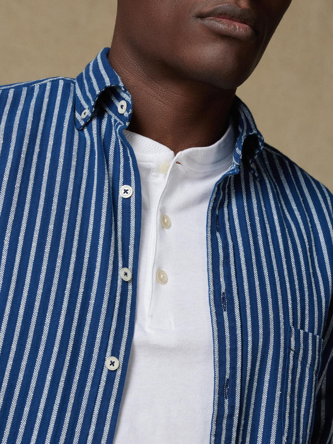 Chemise Rag à rayures indigo  - Col Boutonné