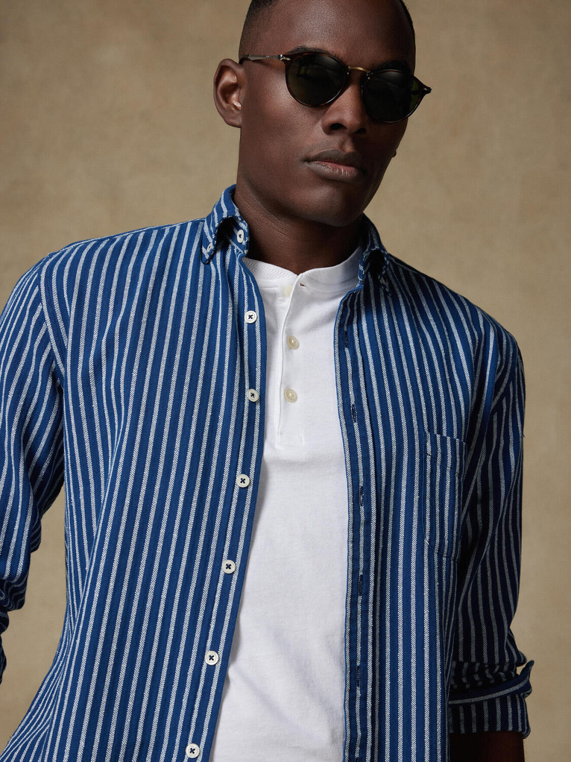 Chemise Rag à rayures indigo  - Col Boutonné