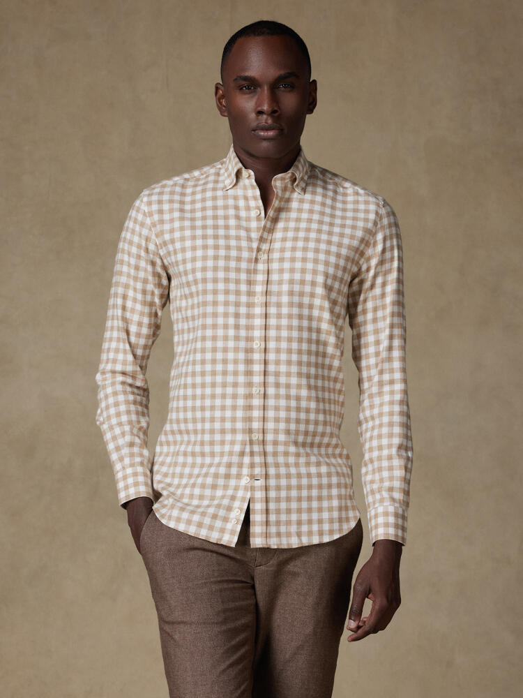 Rob Geruit Flanellen Overhemd Beige - Button down Kraag